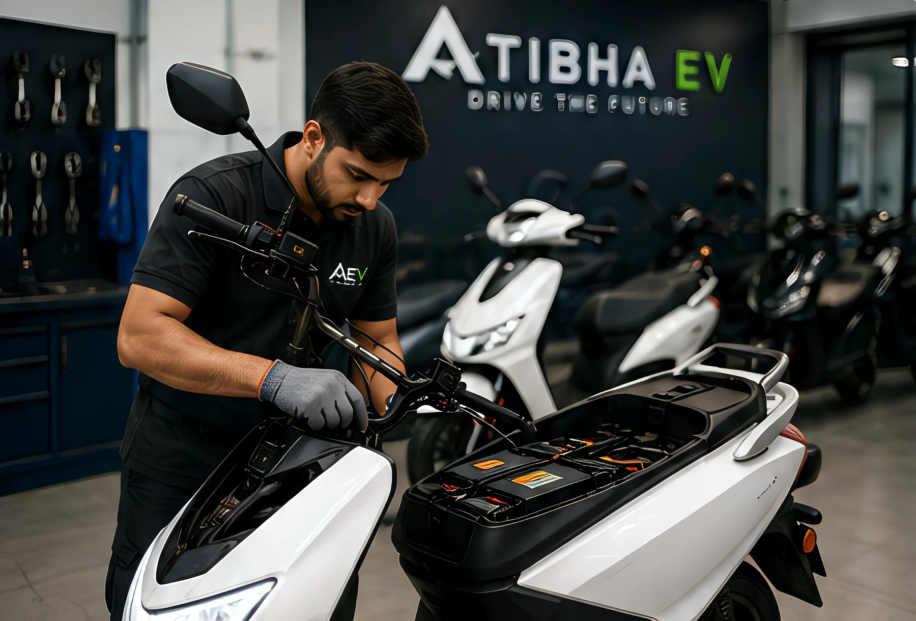 Technician performing a pre-delivery inspection on an Atibha EV scooter