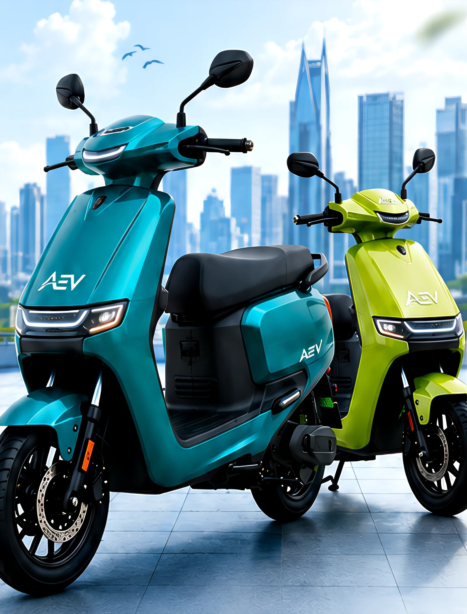Teal and lime Atibha EV scooters against a city skyline