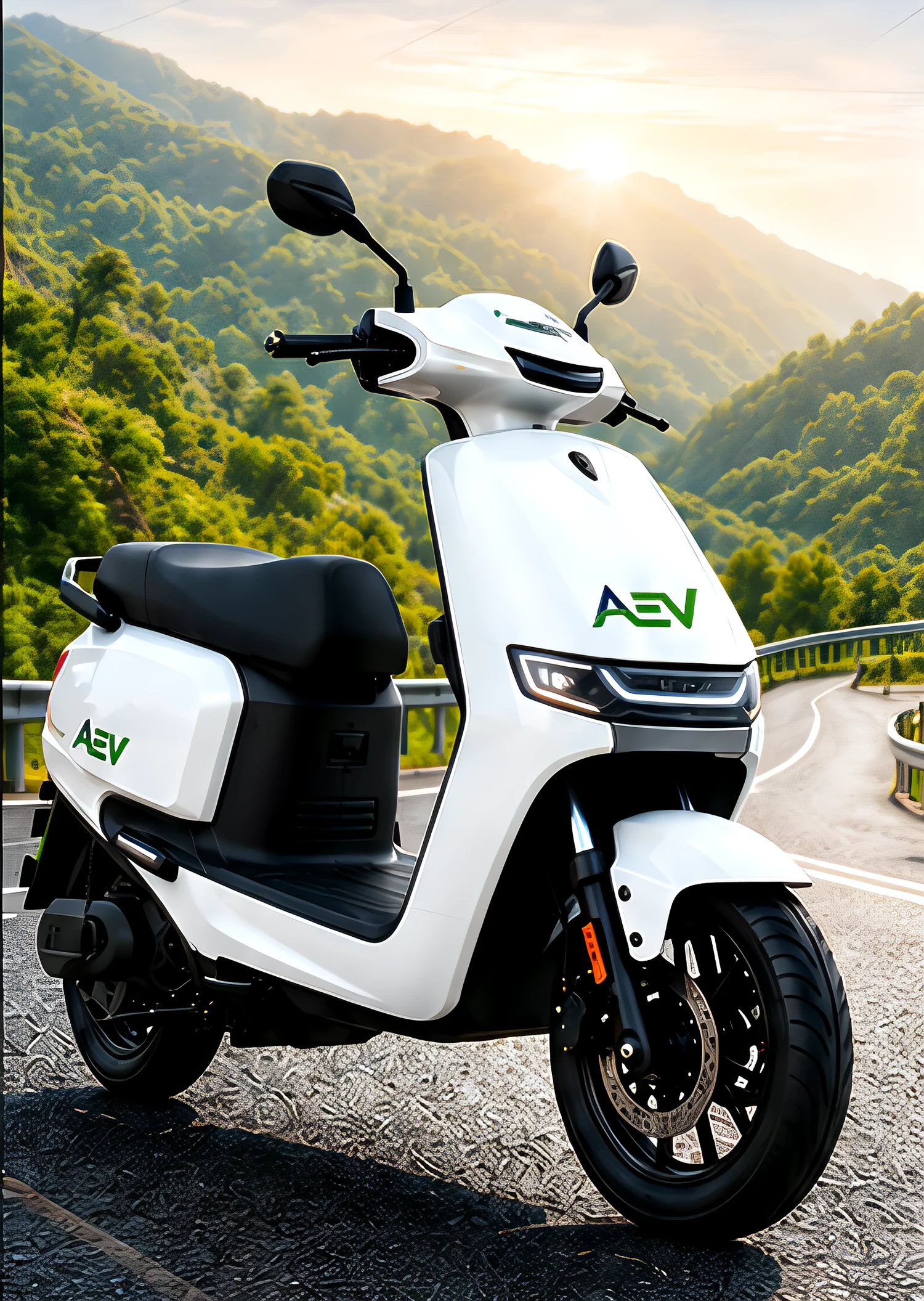 Pearl-white Atibha EV scooter on a mountain road at sunrise