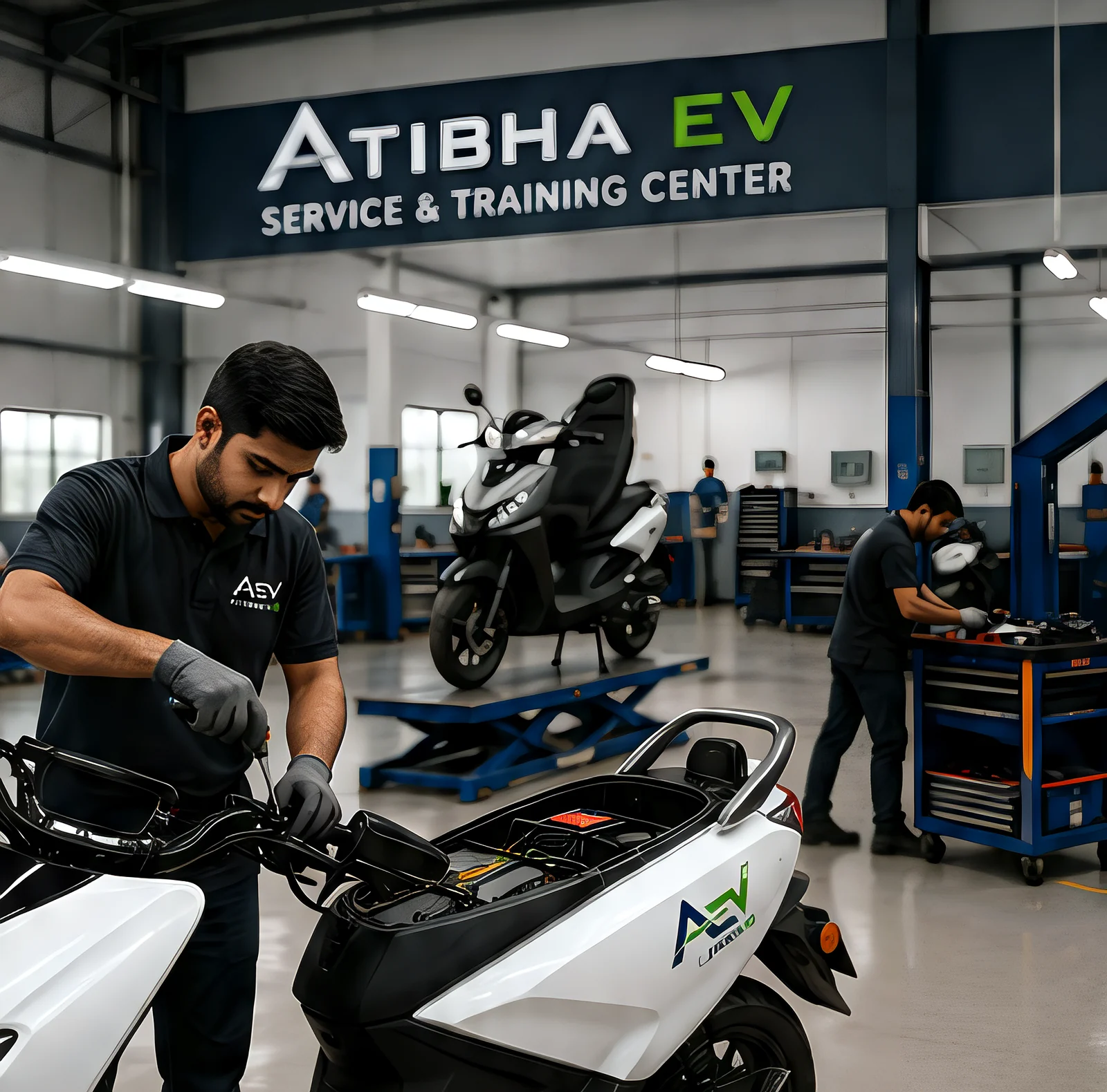 Technician working on an Atibha EV scooter at the service and training centre