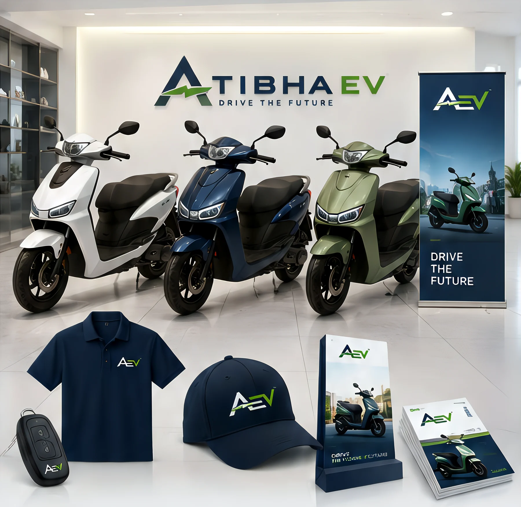 Atibha EV showroom with three scooters and branded merchandise