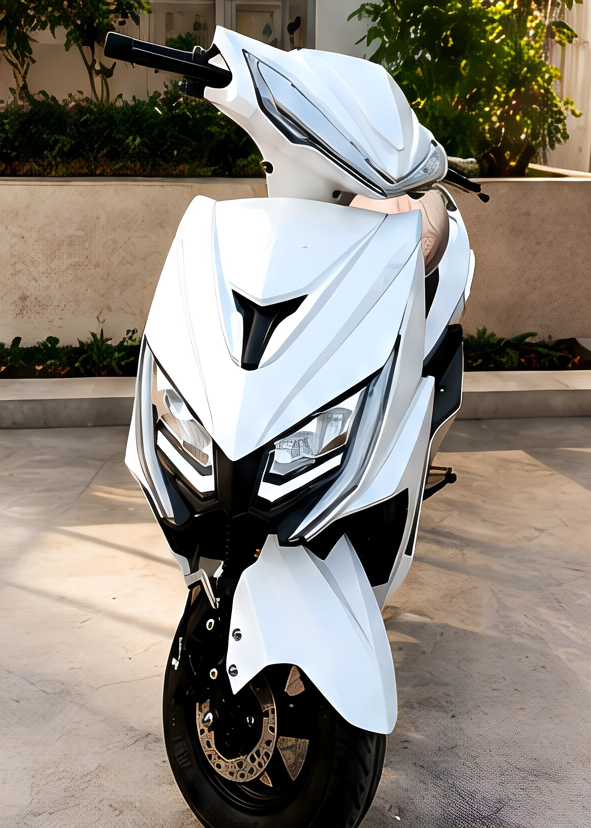 White sport Atibha EV scooter parked outdoors