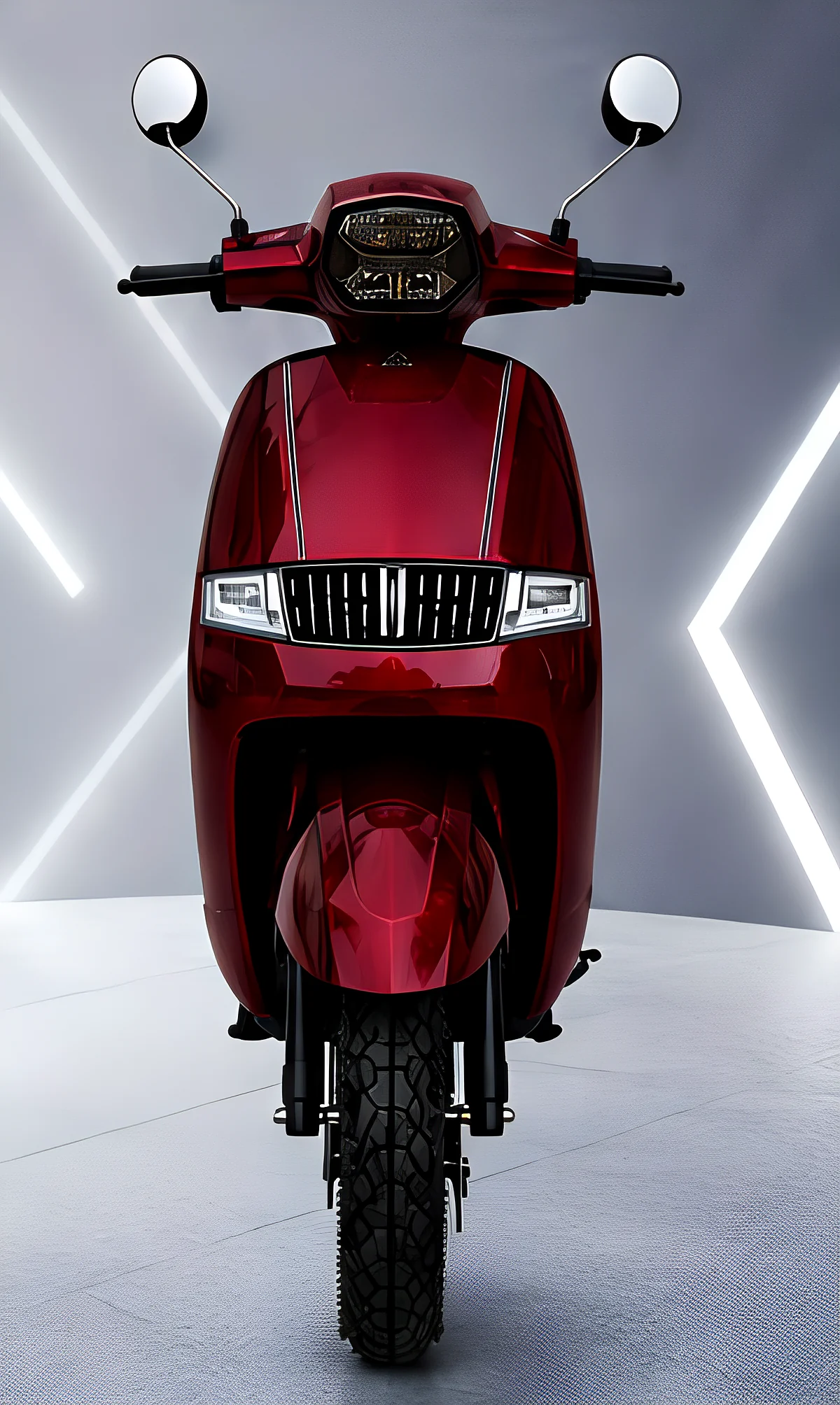 Deep red Atibha EV scooter with chrome grille