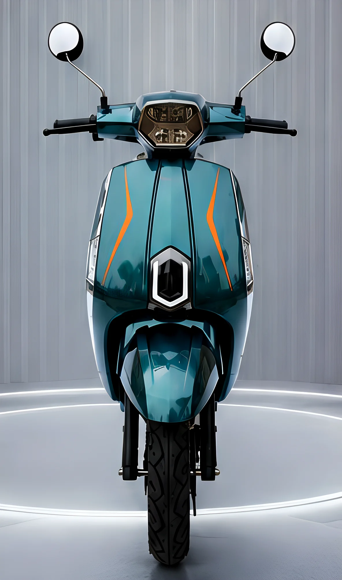 Teal Atibha EV retro scooter in a studio
