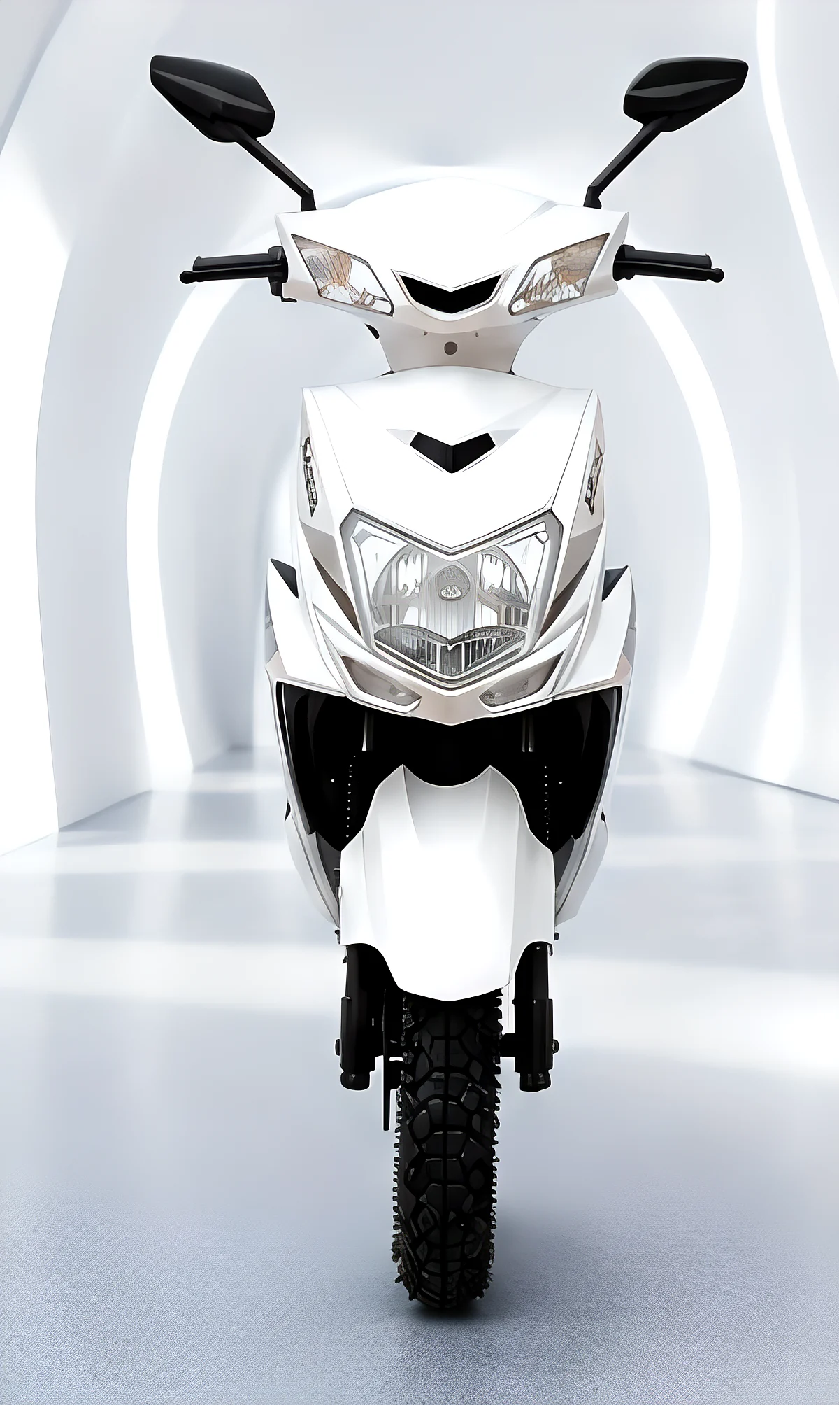 White sport-styled Atibha EV scooter in a studio