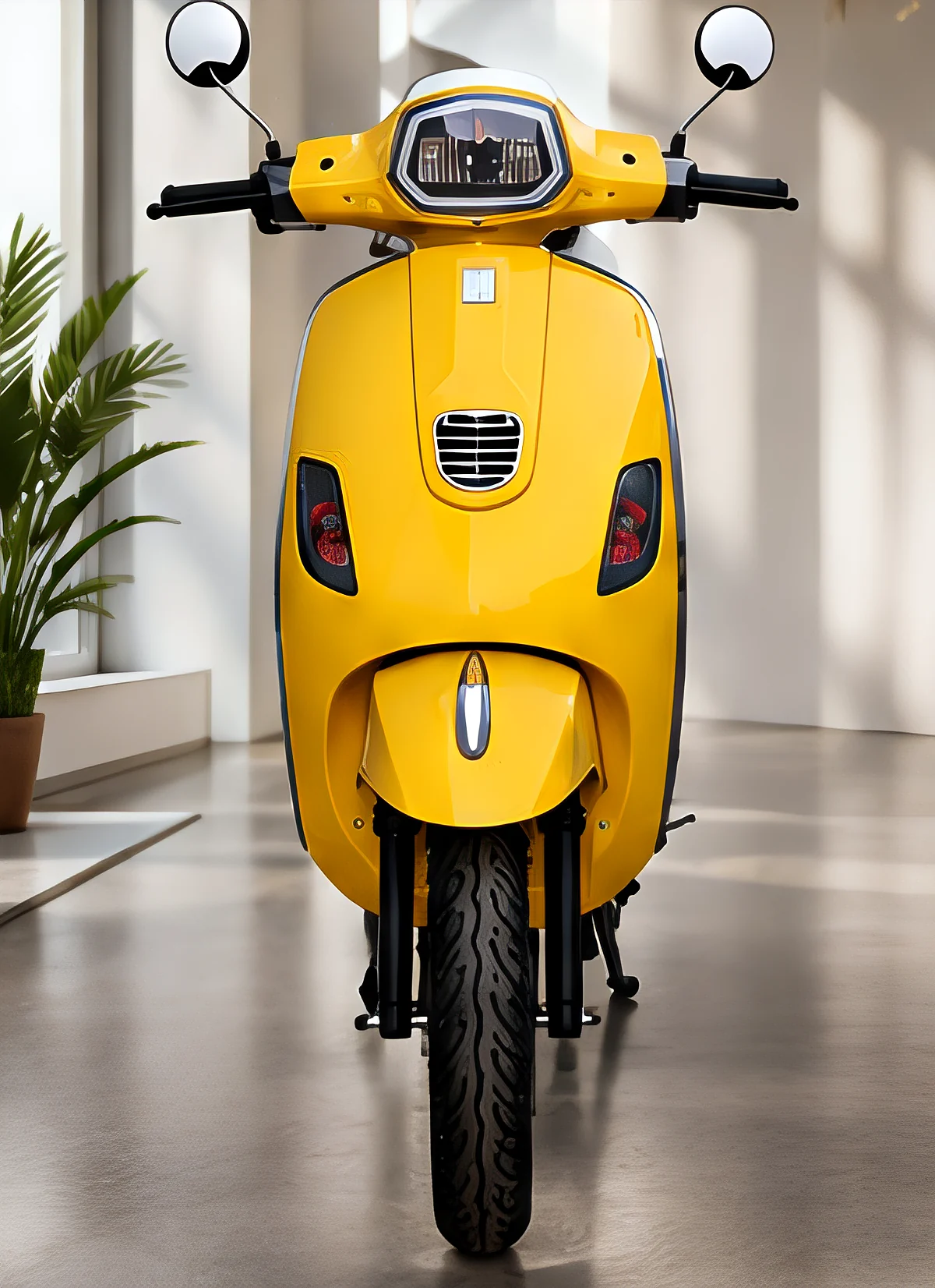 Yellow Atibha EV classic scooter indoors
